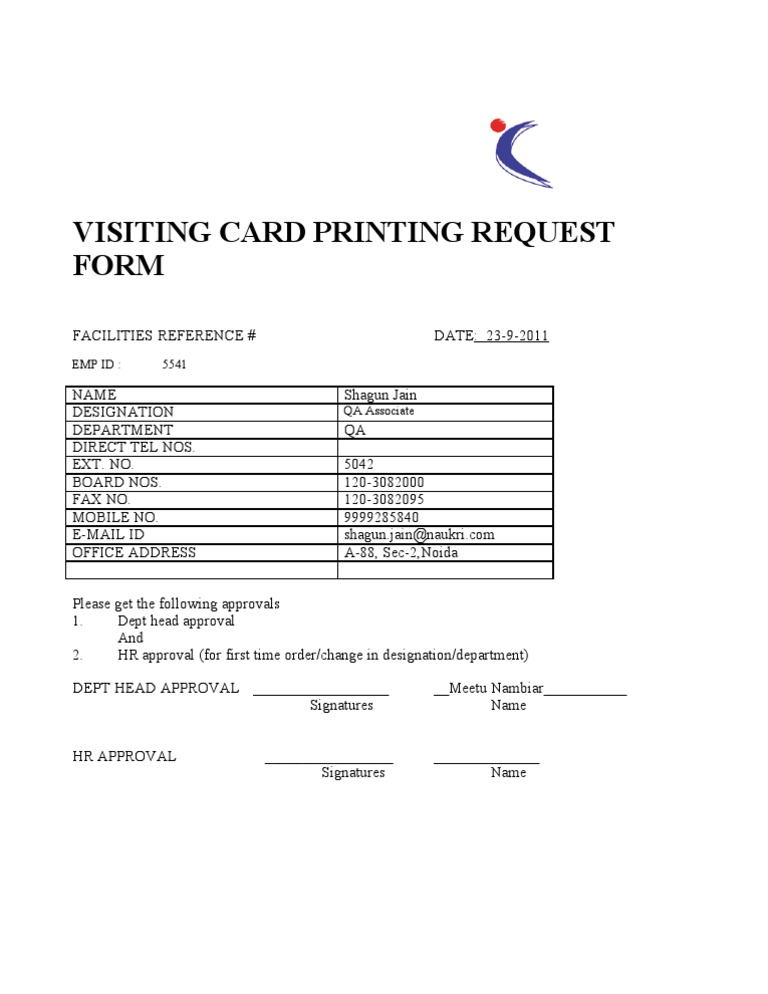 Visiting Card Printing Request Form | PDF | Business