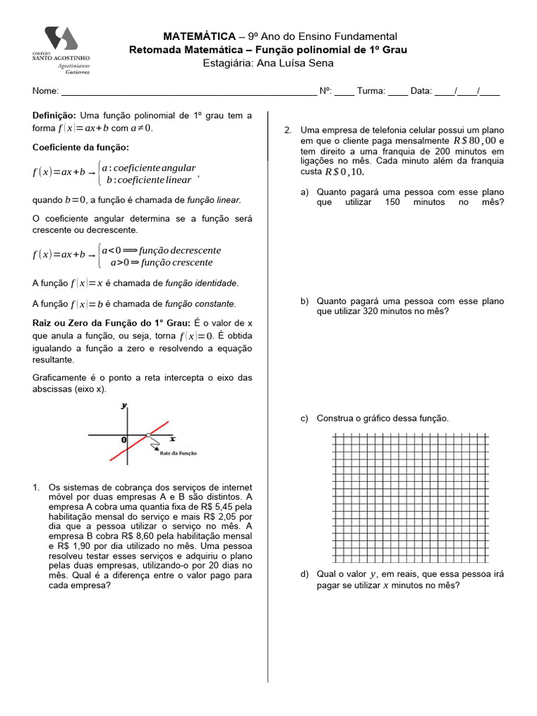 Retomada Matematica 9º Ano - FUNÇÃO DE 1º GRAU (AFIM) | Download grátis ...