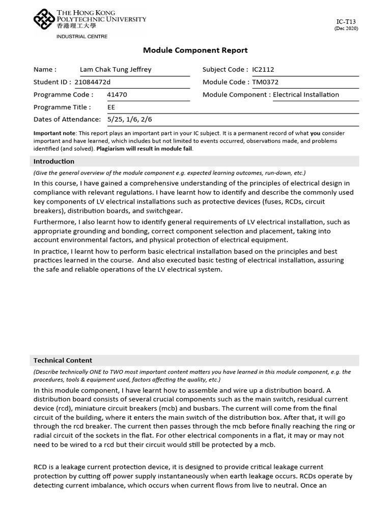 Electrical Installation Module Report | PDF | Electrical Engineering ...