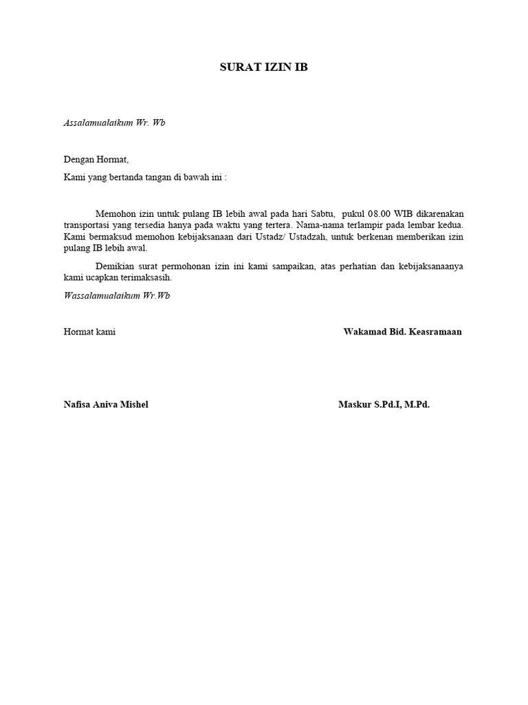 Surat Izin Pulang IB Lebih Awal | PDF