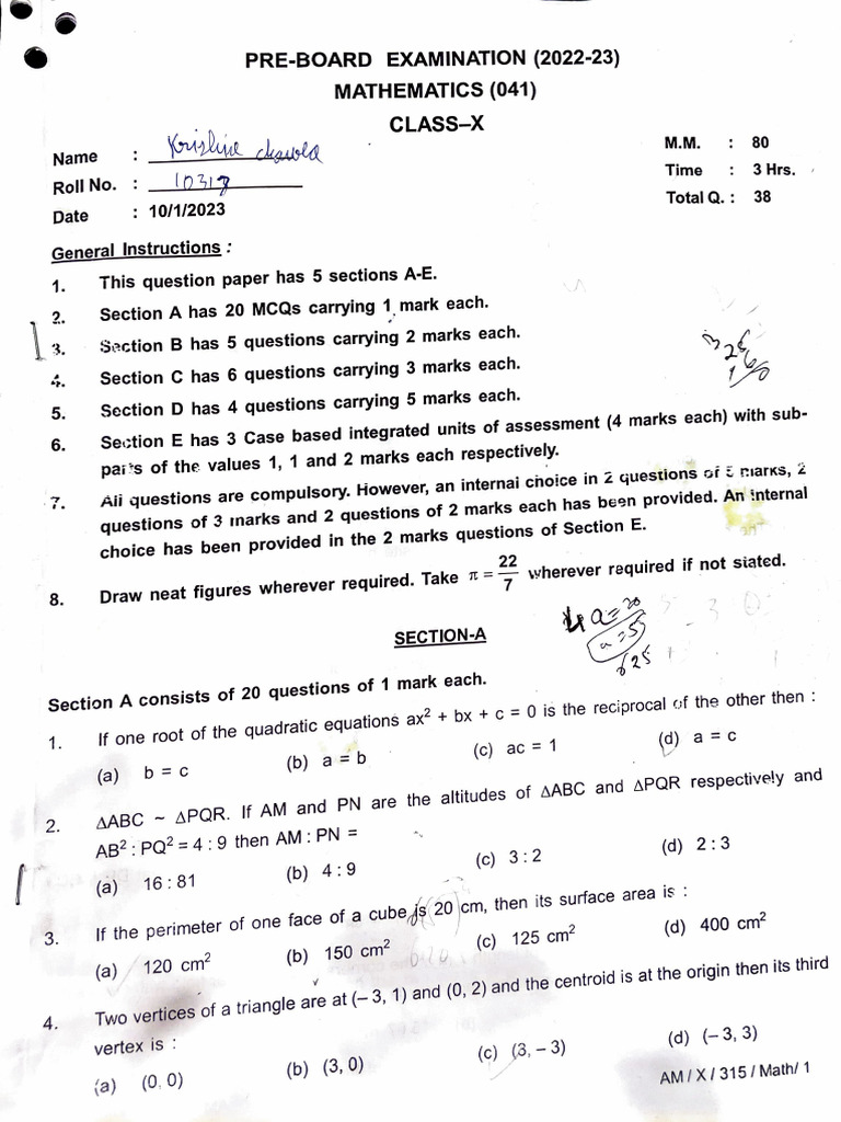 Class X Mathematics Pre-Board Exam 2023 | PDF | Area | Elementary ...