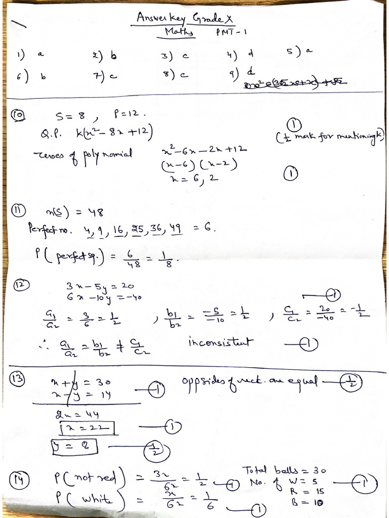 Answer Key G10 Maths PMT1 | PDF