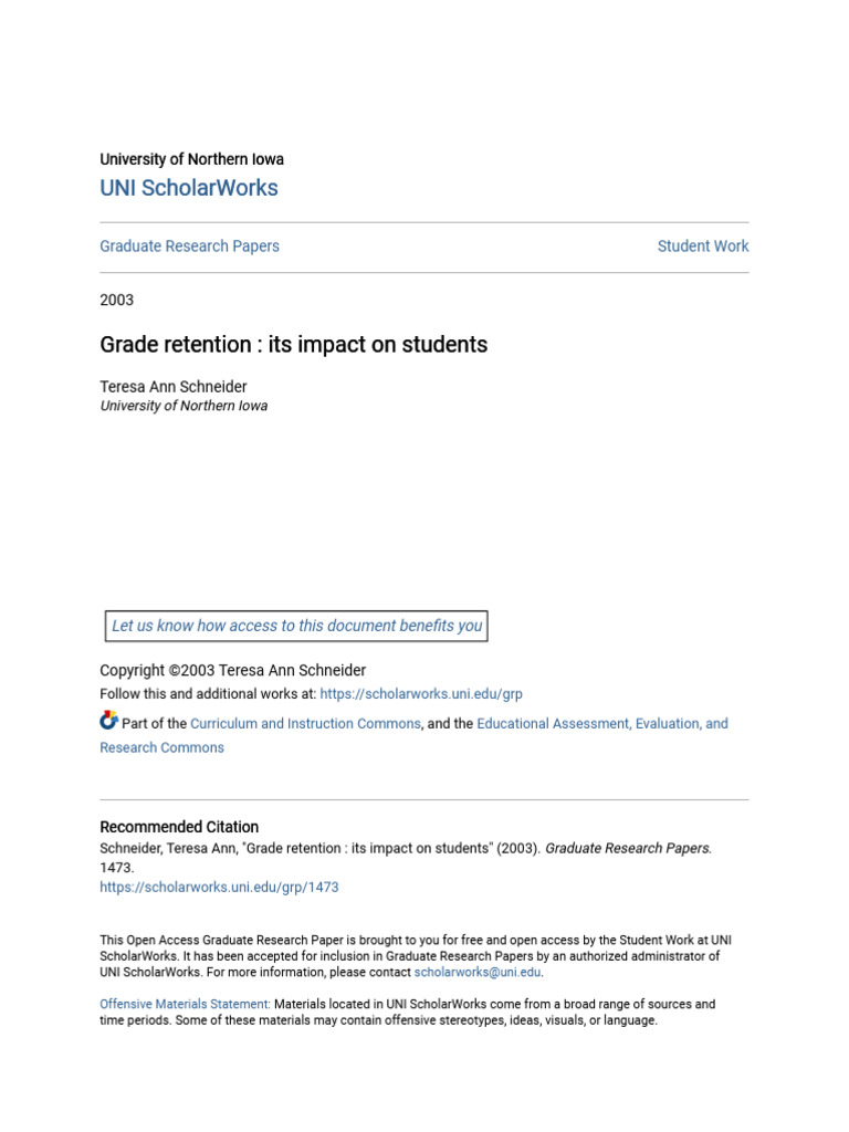 Grade Retention - Its Impact On Students | PDF | Educational Assessment ...