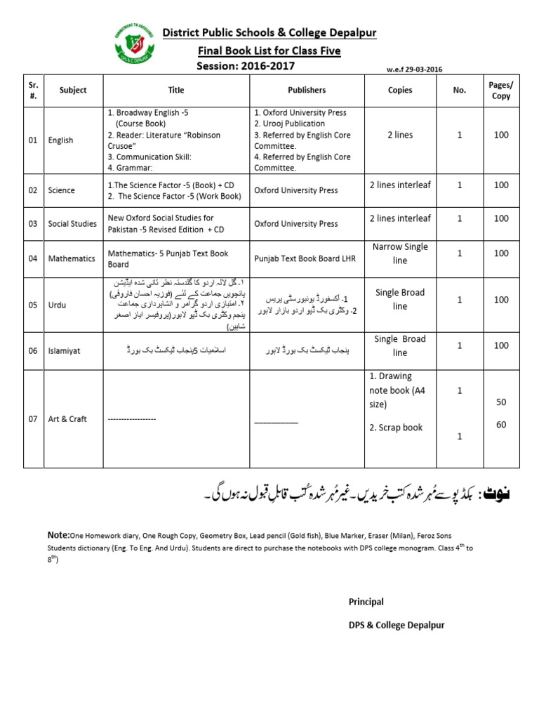 Book List For Year 3