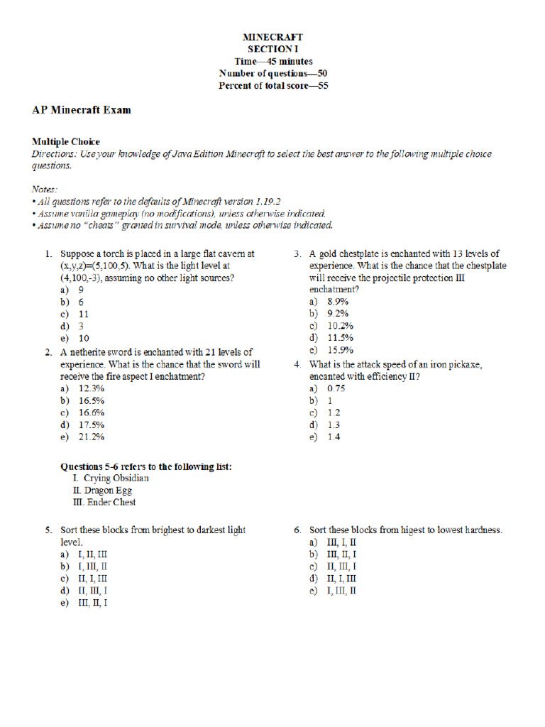 AP Minecradt Exam Section I | PDF