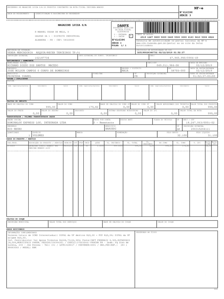 NFE Maquina de Lavar | PDF | Recibo | Documentos empresariais