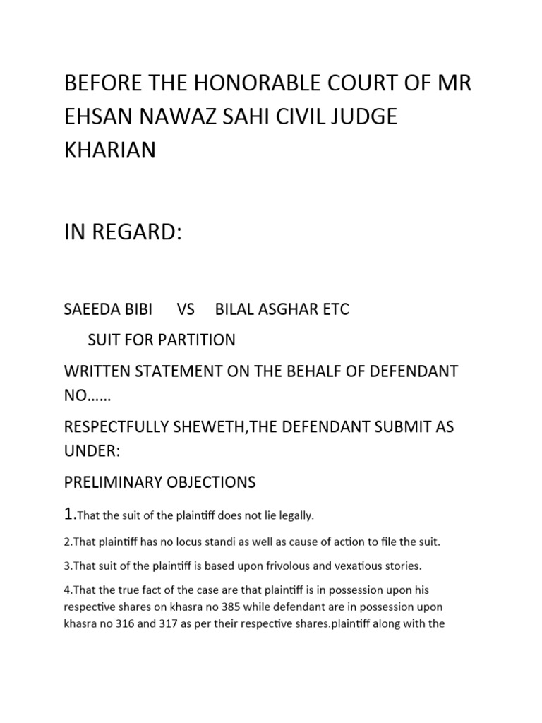 BEFORE THE HONORABLE COURT OF MR EHSAN NAWAZ SAHI CIVIL JUDGE KHARIAN ...