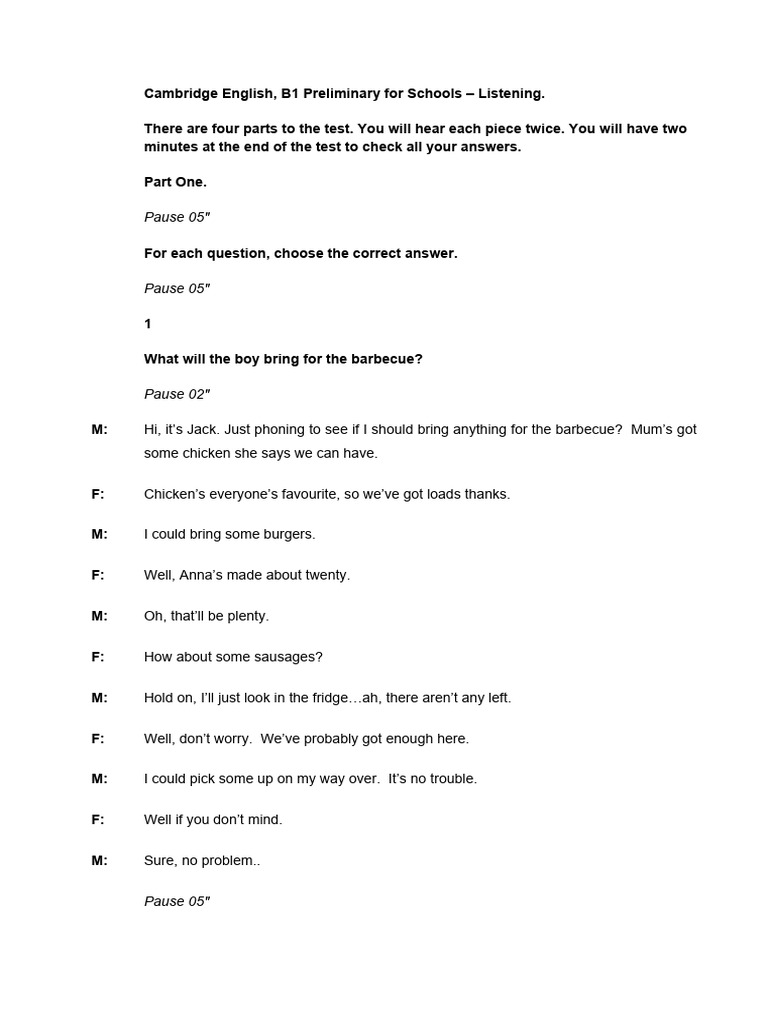 b1 Preliminary For Schools Listening Sample Test 1 Tapescript | PDF