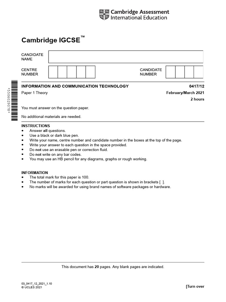 IGCSE ICT Paper 0417/12 Instructions | PDF | Computer Science | Computing