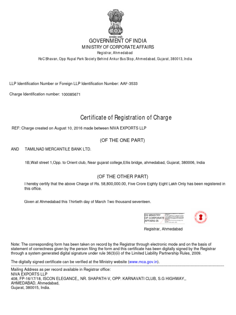 Certificate of Registration of Charge - 30MAR2017 | PDF | Limited ...