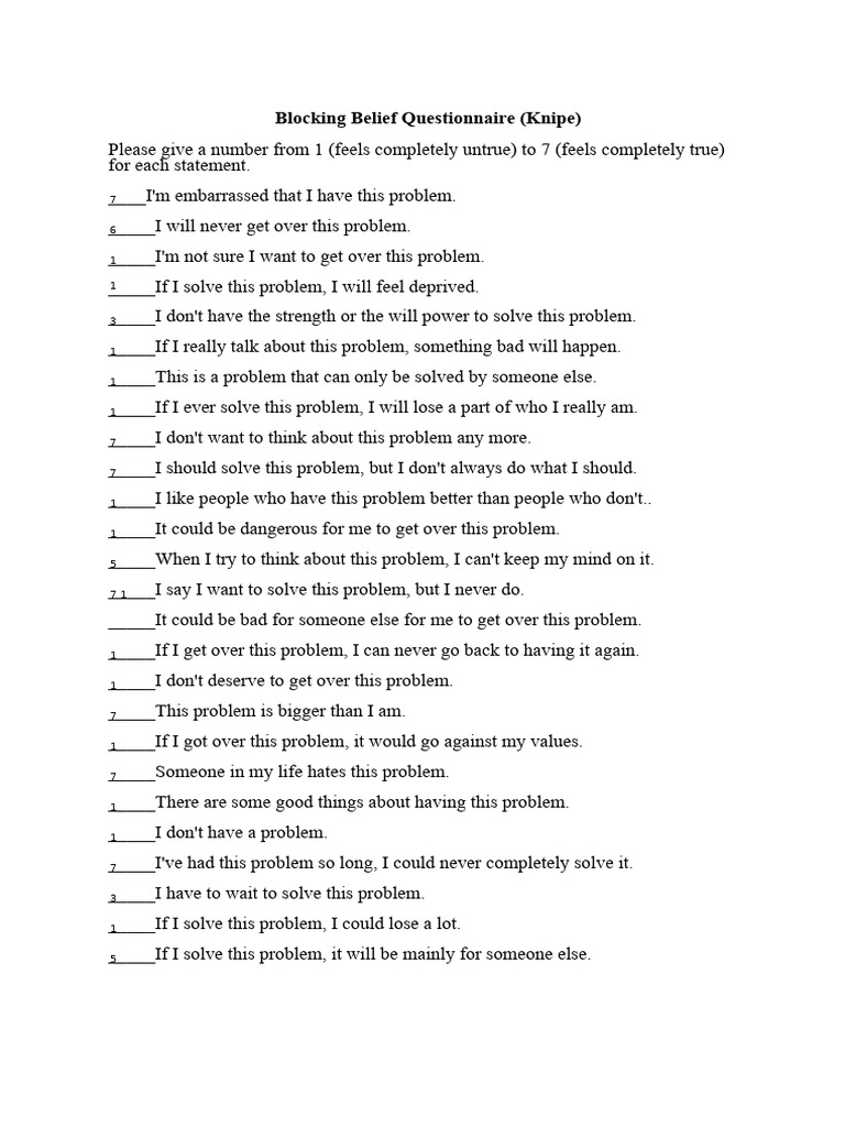 EMDR Blocking Beliefs Questionnaire PDF SelfImprovement