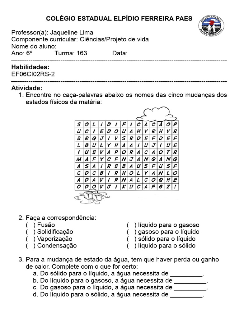 Atividade Mudanças de Estado Físico - 6 Ano | PDF