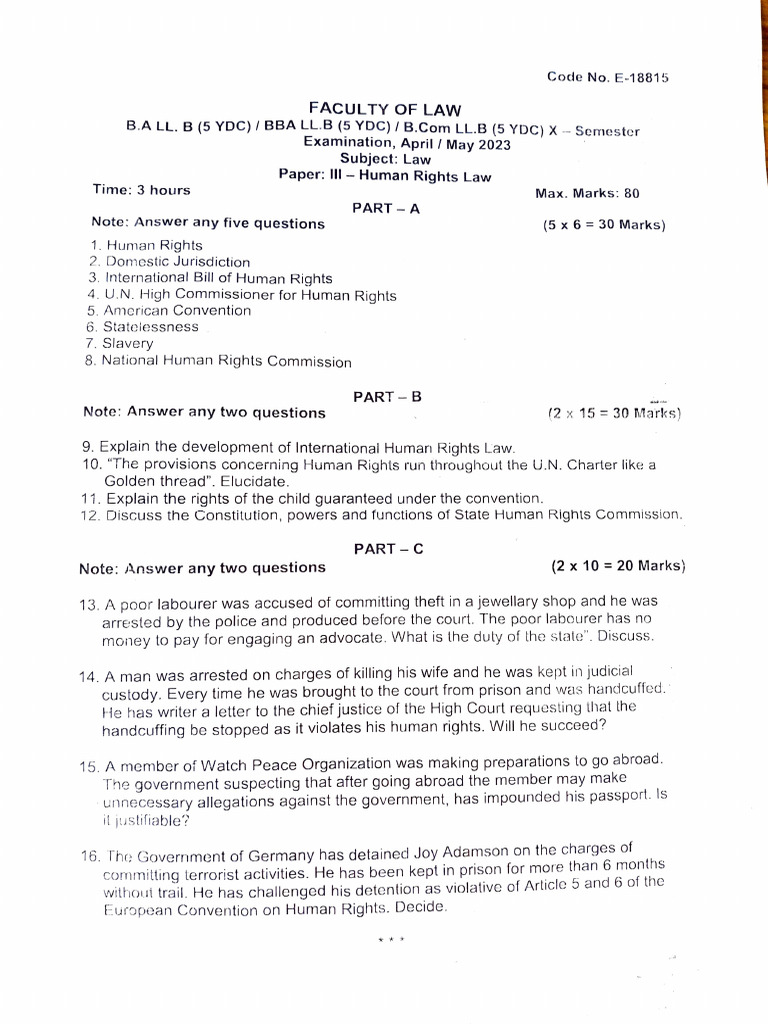 Human Rights Law Exam Paper 2023 | PDF | Human Rights | International ...