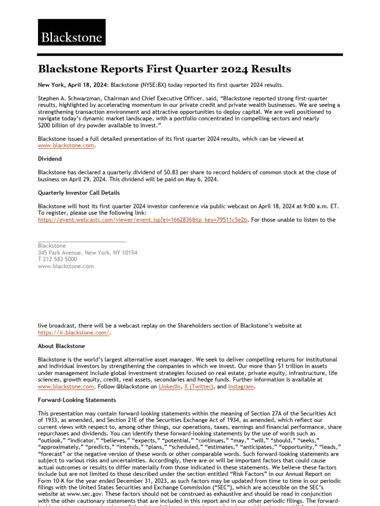 Blackstone 1 Q 24 Earnings Press Release | PDF | Dividend | Hedge Fund