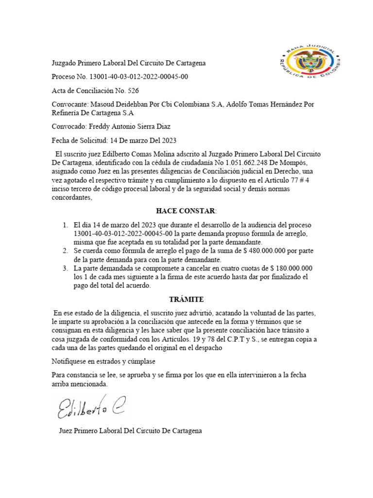 Acta de Conciliacion Laboral | PDF | Finanzas y dinero