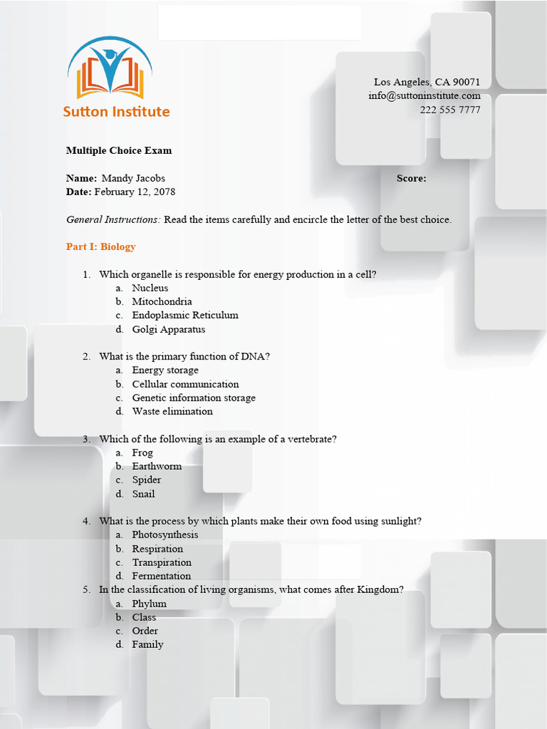 Multiple Choice Exam Template PDF Earth Physical Sciences