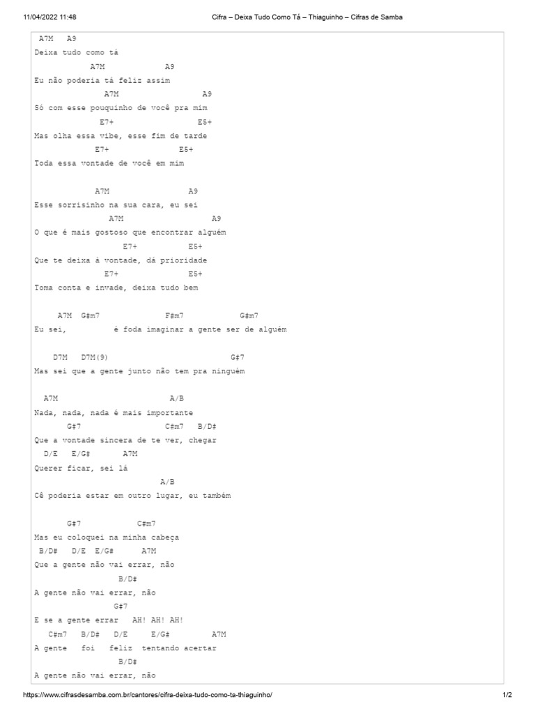 20 Cifra Deixa Tudo Como Tá Thiaguinho Cifras De Samba Pdf