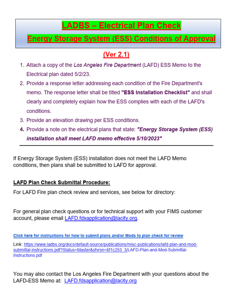 LAFD Energy Storage System Checklist | PDF