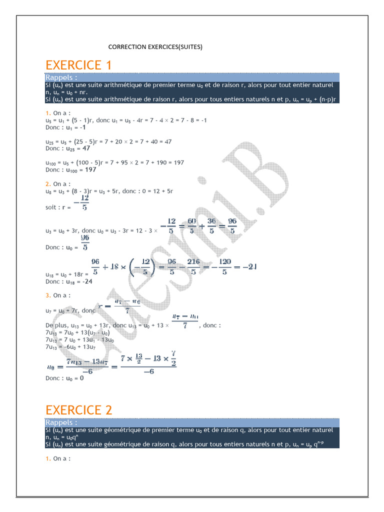 Exercices Corrigés sur les Suites Mathématiques | PDF | Mathématiques ...