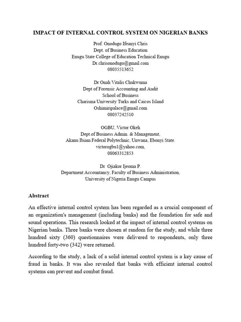 Impact Of Internal Control System On Nig Pdf Internal Control Fraud
