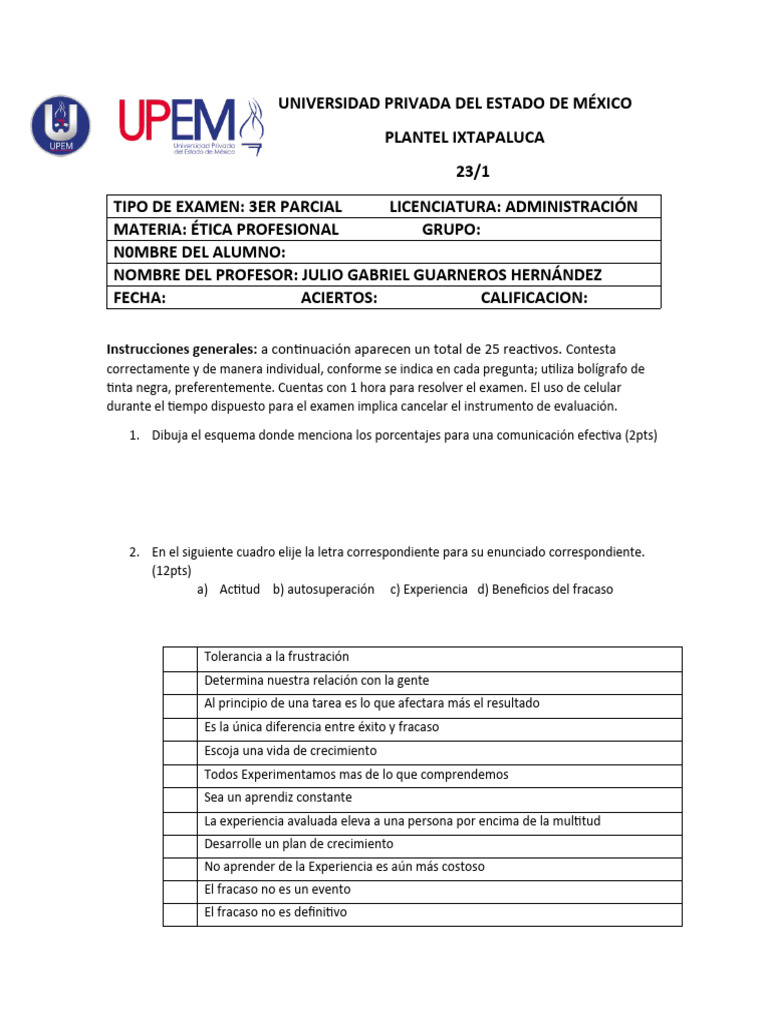Examen 3er Parcial Ética Profesional | PDF | Crecimiento personal y ...