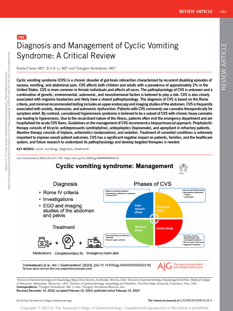 Diagnosis And Management Of Cyclic Vomiting 16 Pdf Migraine Headache