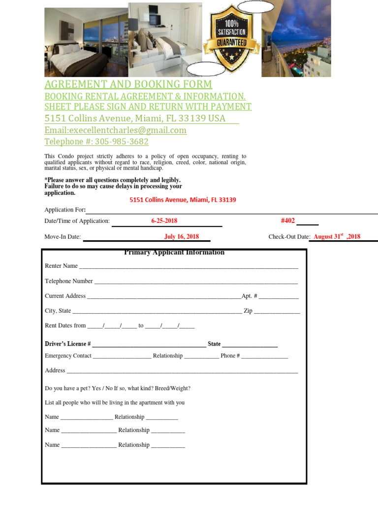 Rental Agreement and Booking Form - Michelle Olson | PDF | Cheque | Renting