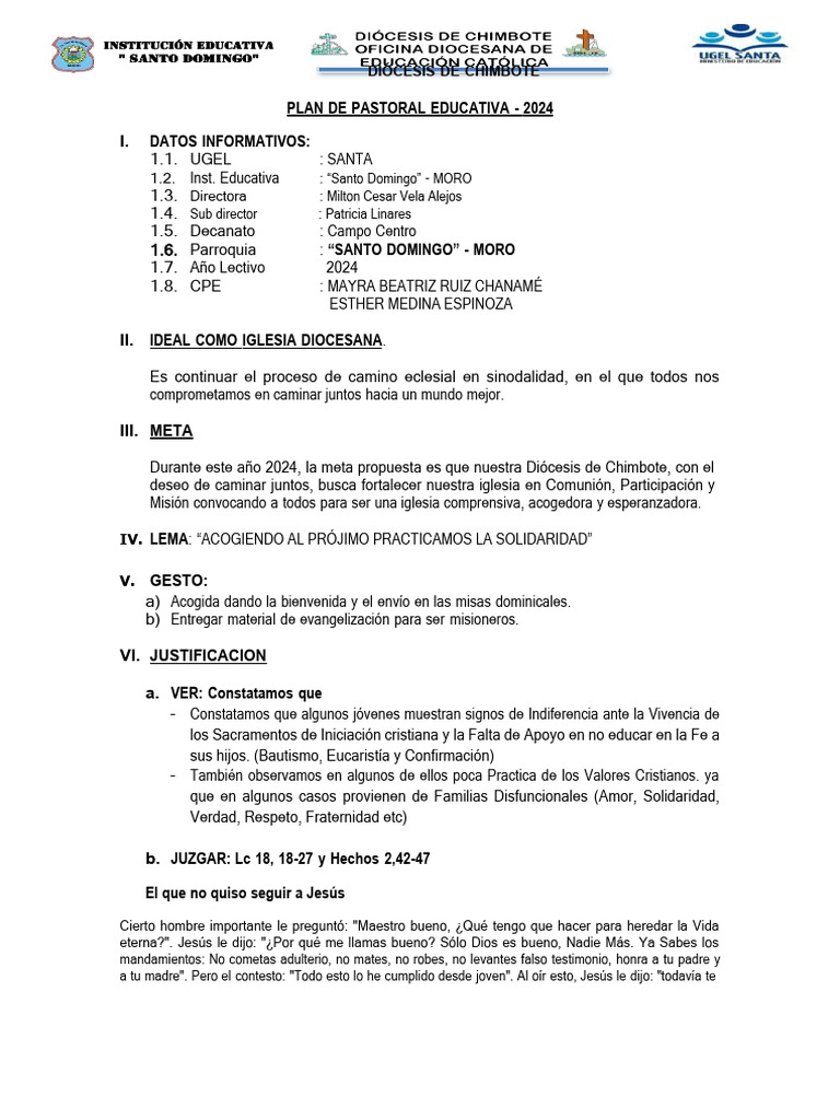Plan de Pastoral Educativa - 2024 - Ie-Sdm | PDF | eucaristía | Jesús