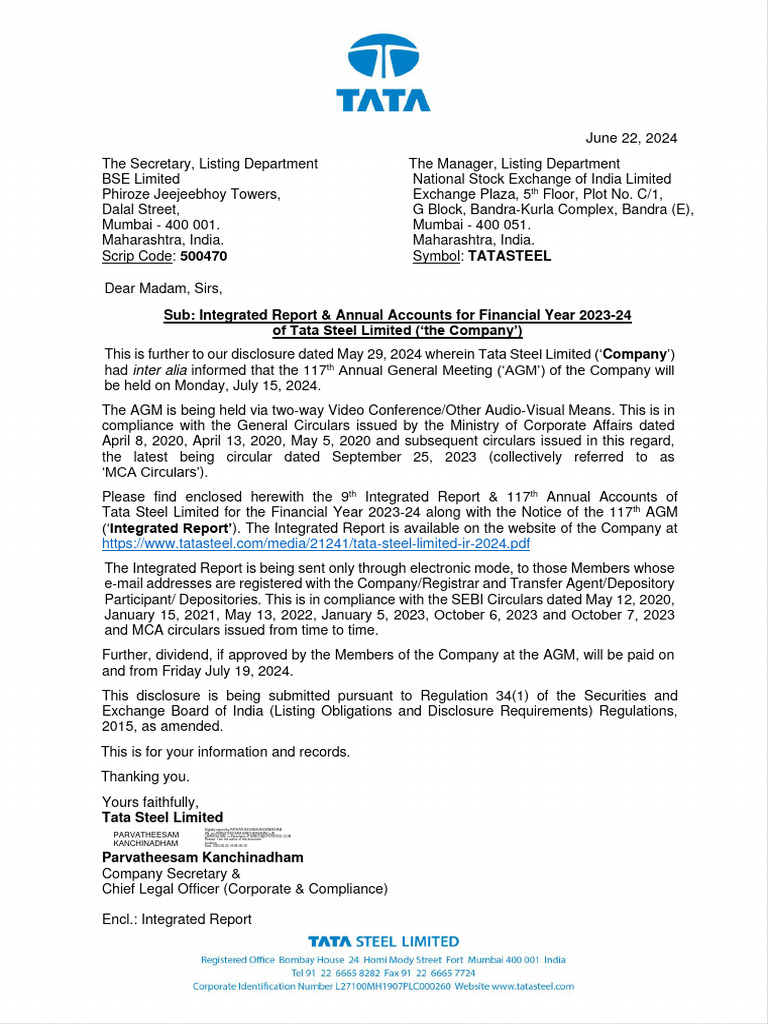 TATA STEEL ANNUAL REPORT 2024 25 PDF FREE DOWNLOAD INDIA intelligence overview