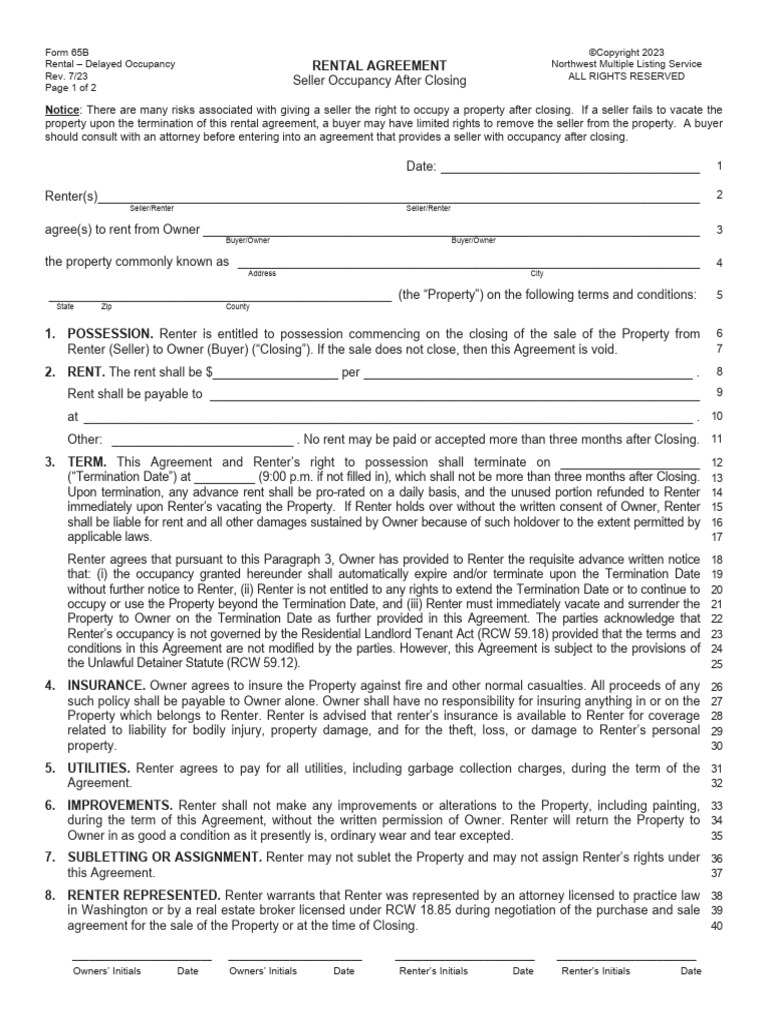 Seller Rent Back Agreement Form 65B | PDF | Renting | Lease
