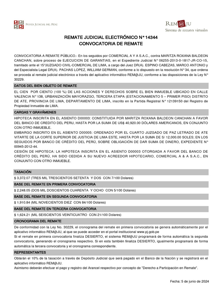 Aviso de remate 14344 pdf ley de hipotecas