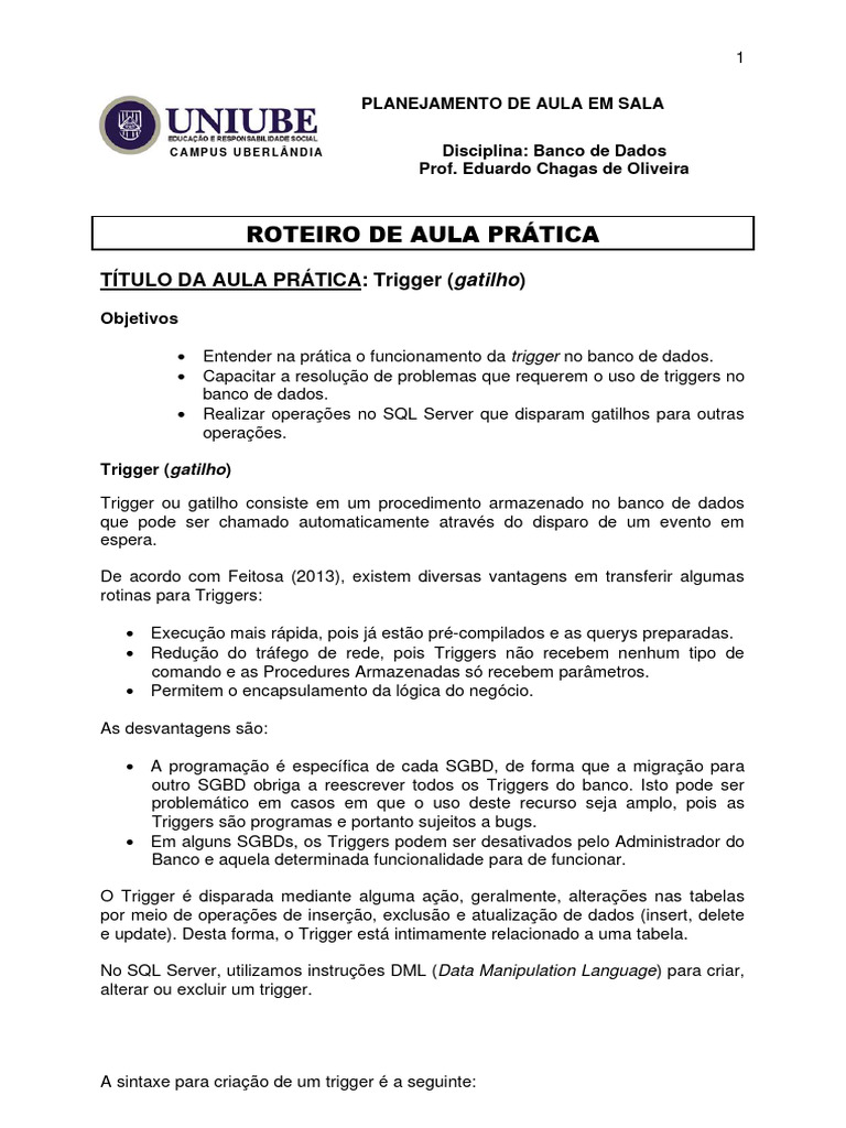 Funcionamento de Triggers no SQL Server | PDF | SQL | Bancos de dados