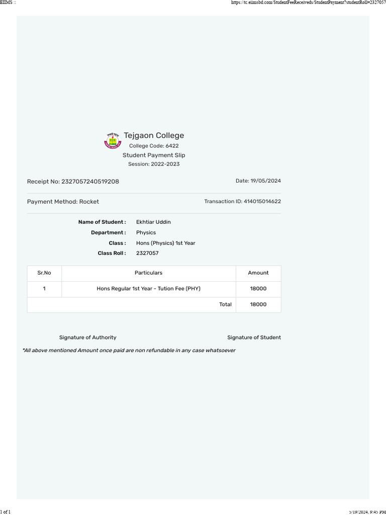 Tejgaon College Student Payment Slip | PDF