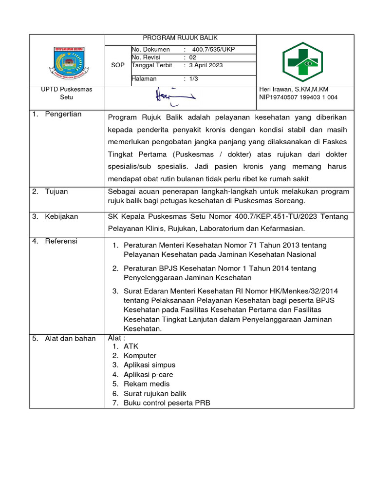 Program Rujuk Balik Puskesmas Setu | PDF