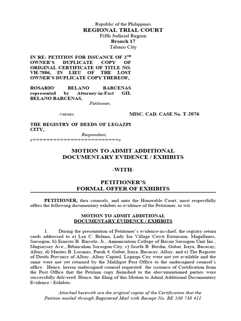 Motion to Admit Evidence for Title Case | PDF | Justice | Crime & Violence