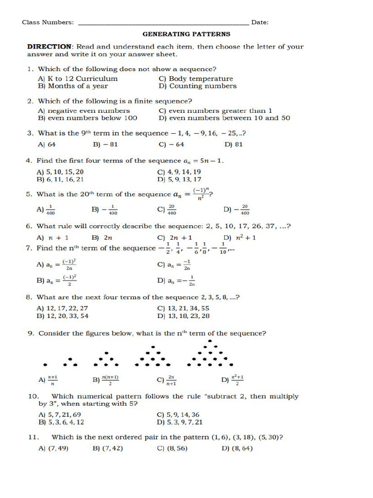 MATH 10 GENERATING PATTERNS Lecture 1 With Activity | PDF