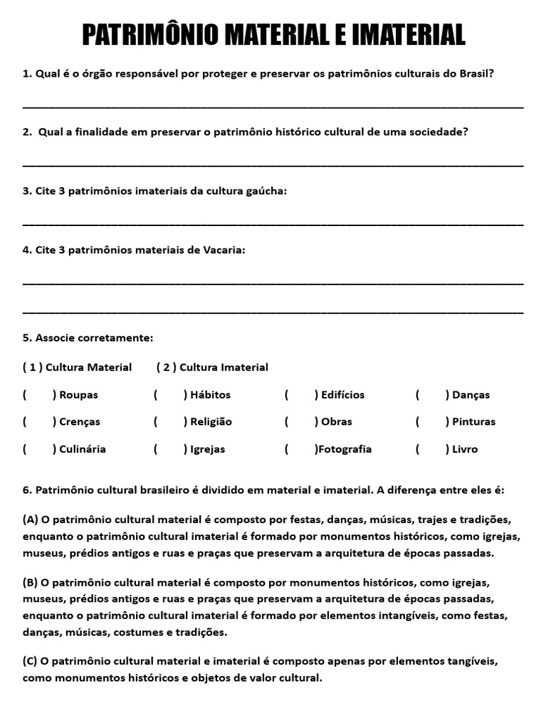 Atividades sobre Patrimônio Cultural 5º Ano | PDF | Herança cultural ...