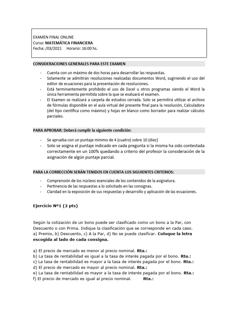 Examen Final de Matemática Financiera | PDF | Interés | Tasas de interés
