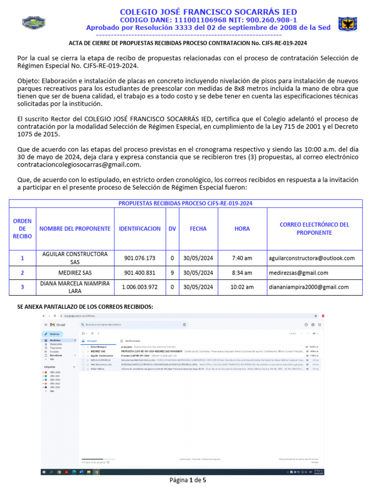 Acta Cierre Prop Rec Cjfs-re-019-2024 Placa Preescolar | PDF ...
