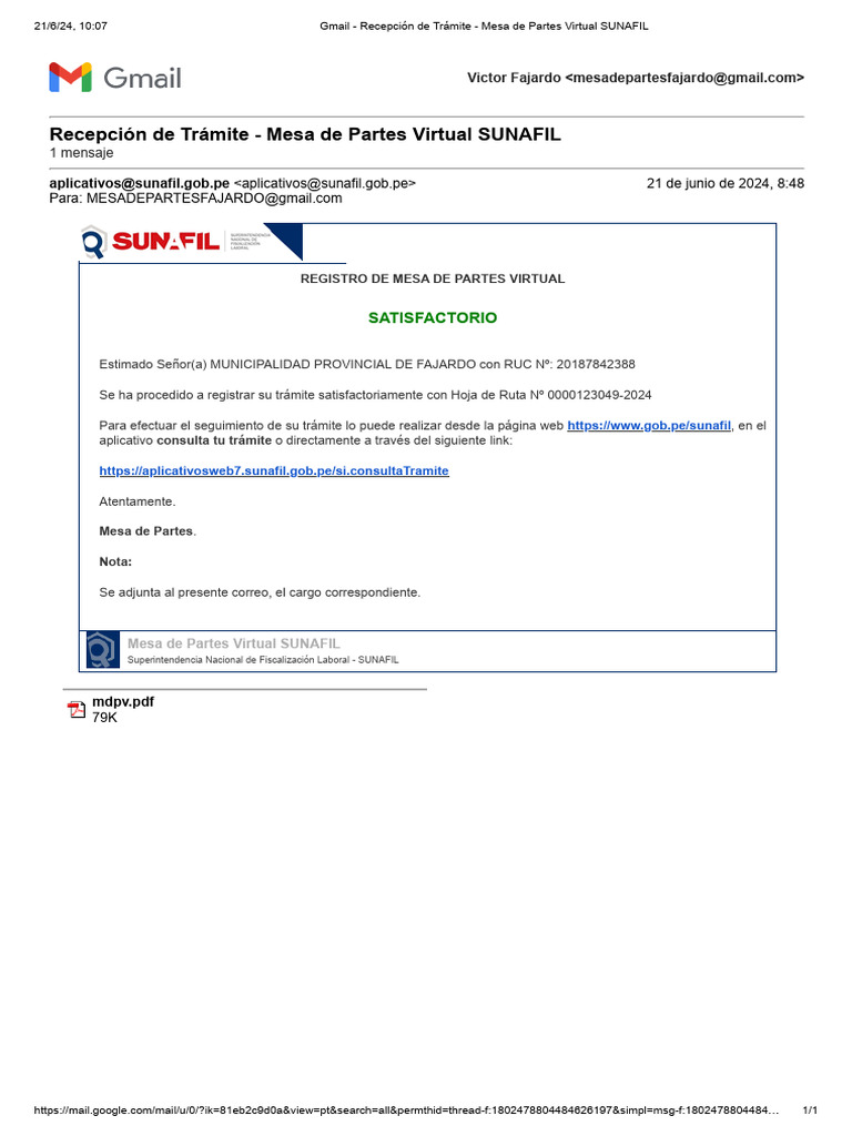 Gmail recepci n de tr mite mesa de partes virtual sunafil pdf