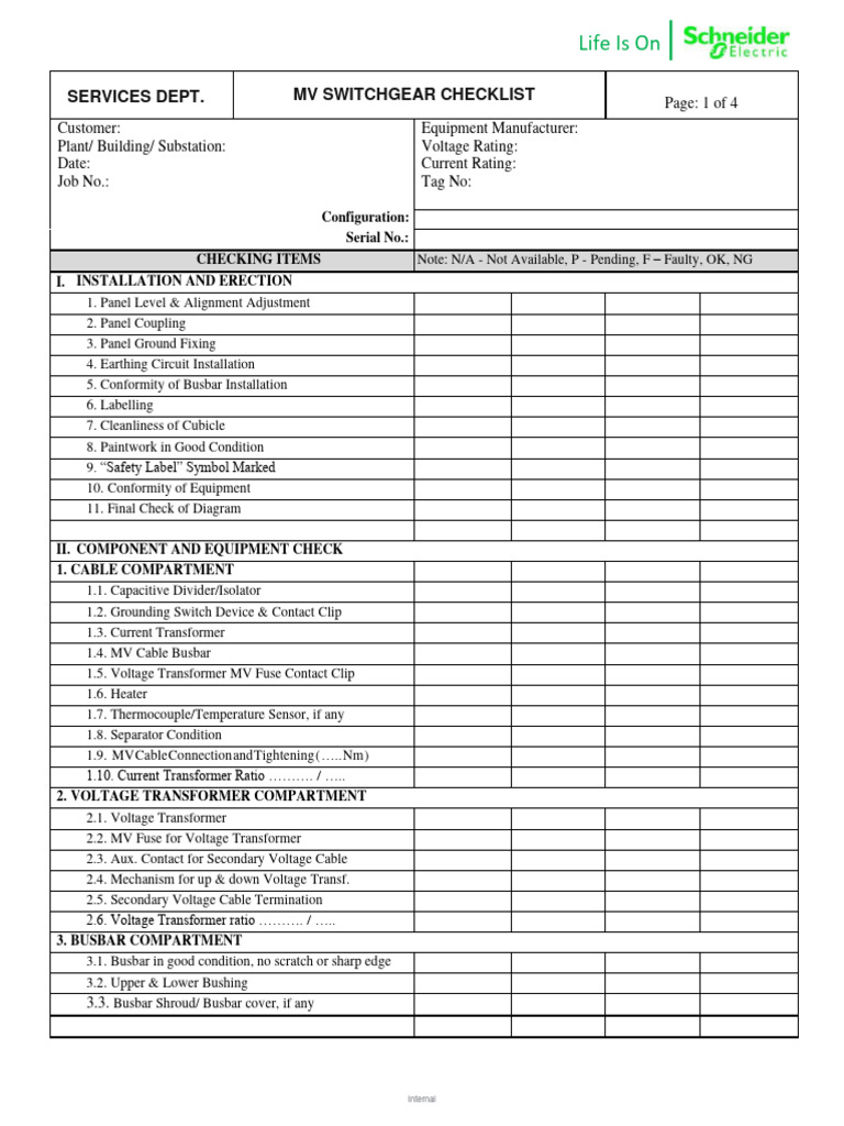 MV Switchgear Inspection Checklist | PDF | Relay | Transformer