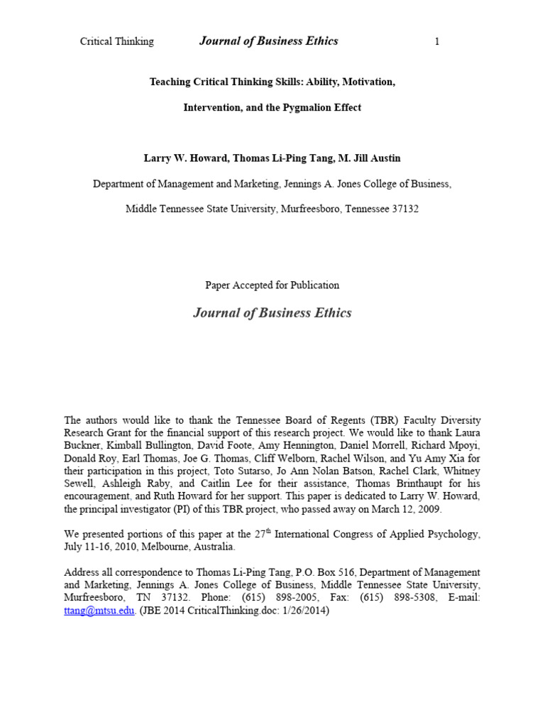 Jbe2014criticalthinking Pdf Learning Styles Critical Thinking