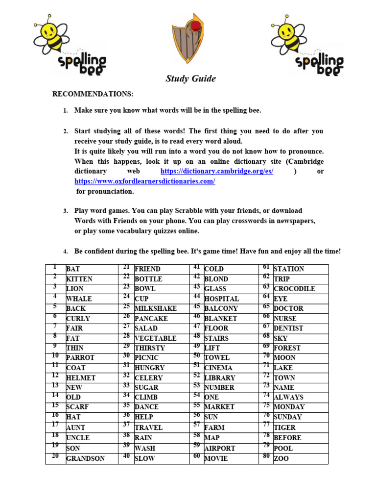 Spelling Bee Study Guide for Class 2B | PDF | Cuisine | Foods