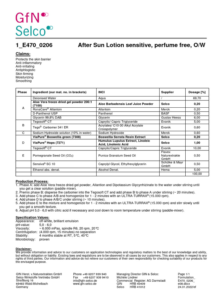 1 - Formulation - After Sun Lotion - E470 - 0206 - E08 | PDF | Chemical ...