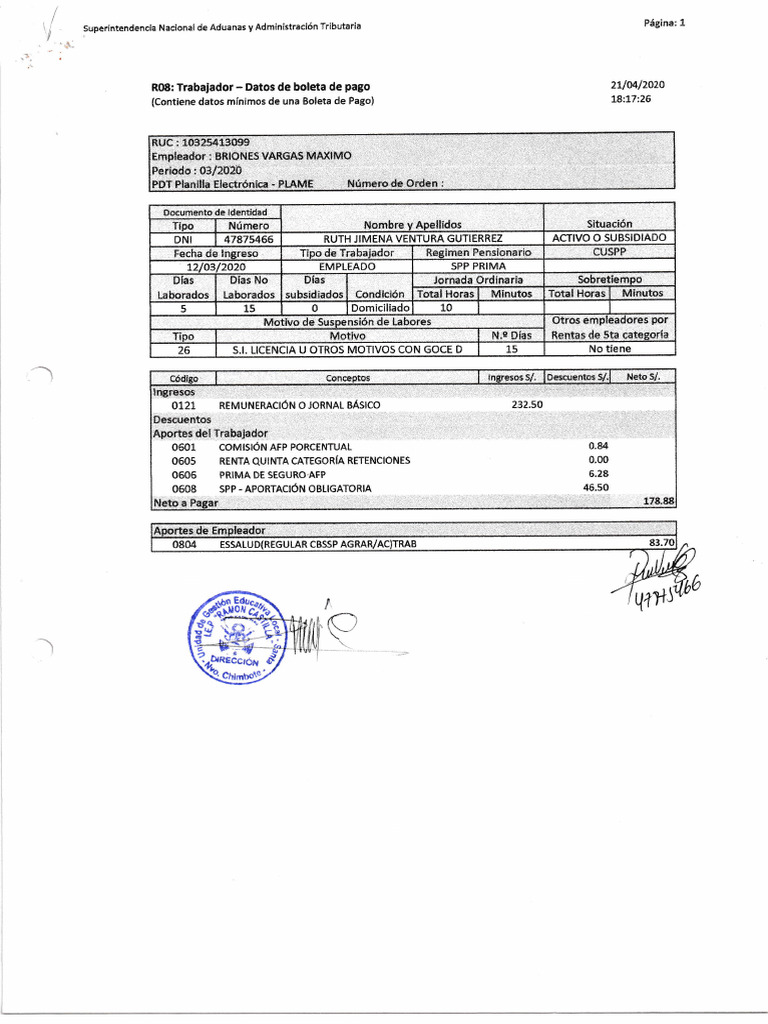 Datos de Boleta de Pago: Ruth Ventura | PDF