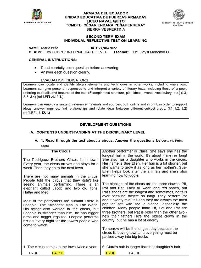 9th Interm C Second Term Reflective Exam | PDF | Circus | English Language