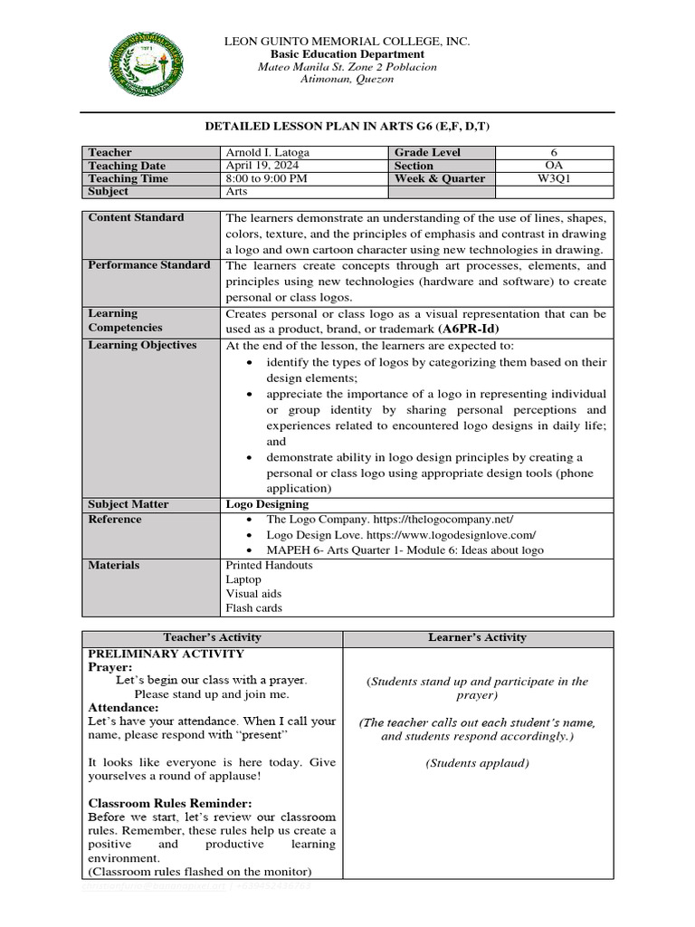 Final Lesson Plan In Arts Pdf Logos Brand