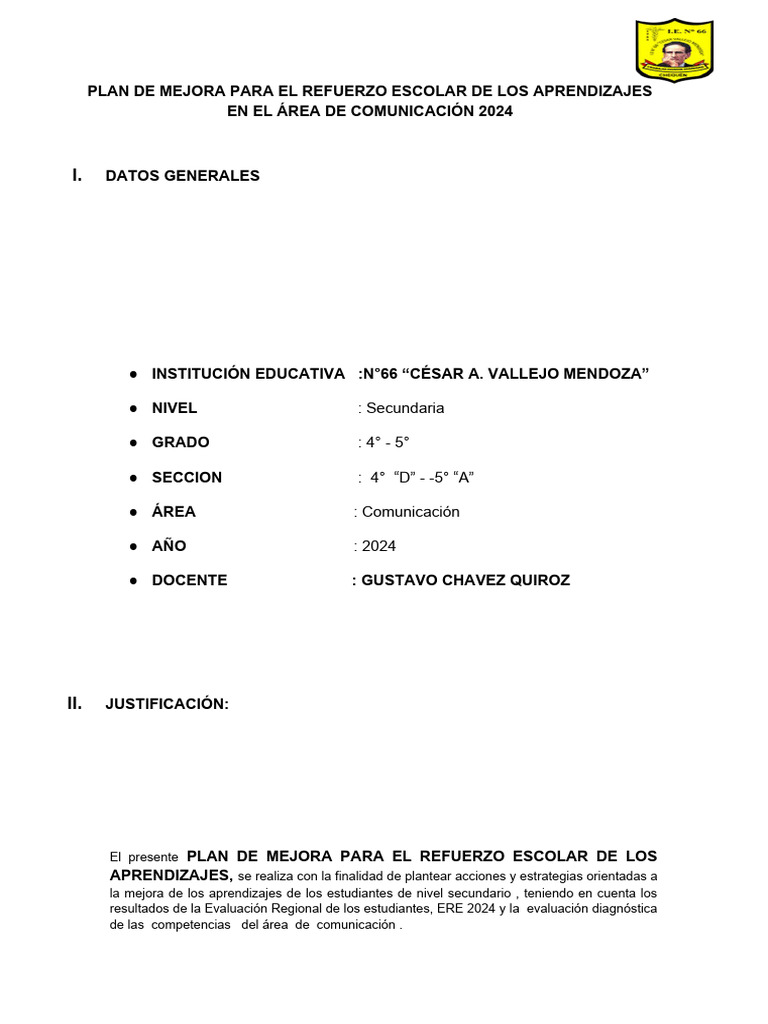 Plan de Mejora para Refuerzo Escolar 2024 | PDF | Enseñando | Maestros