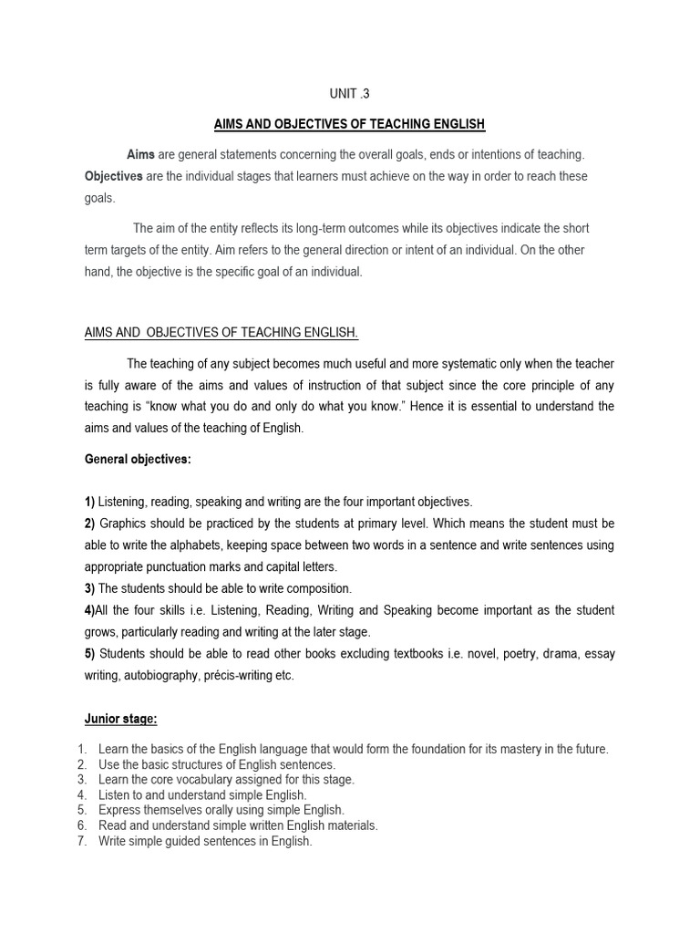 Aims and Objectives in English Teaching | PDF | Learning | Cognitive ...