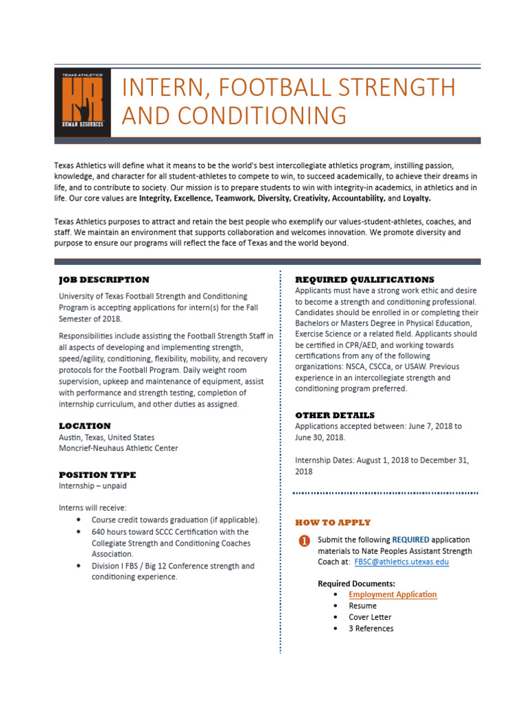 Texas Football Strength and Conditioning PDF Internship Job Hunting